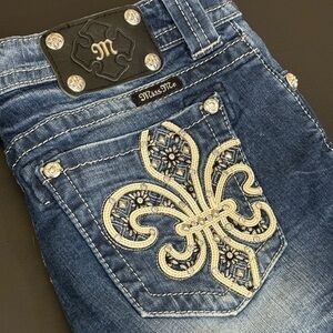 Miss Me Y2K Blue Denim Shorts with Fleur De Lis and Stud Embellishments Size 29